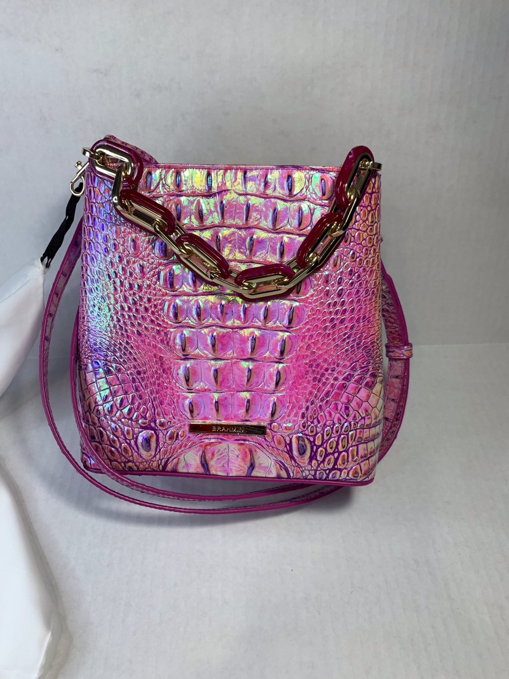 Holographic Pink Croc-Embossed Brahmin Shoulder Bag